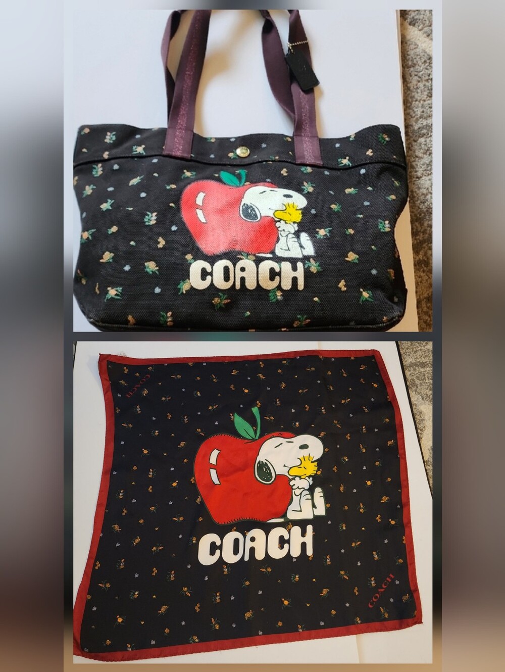 Coach X Peanuts Tote And Silk Scarf With  Snoopy And Woodstock In The Big Apple.